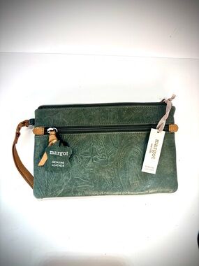 Margot Embossed Green Leather Wristlet Clutch with Tan Strap NWT